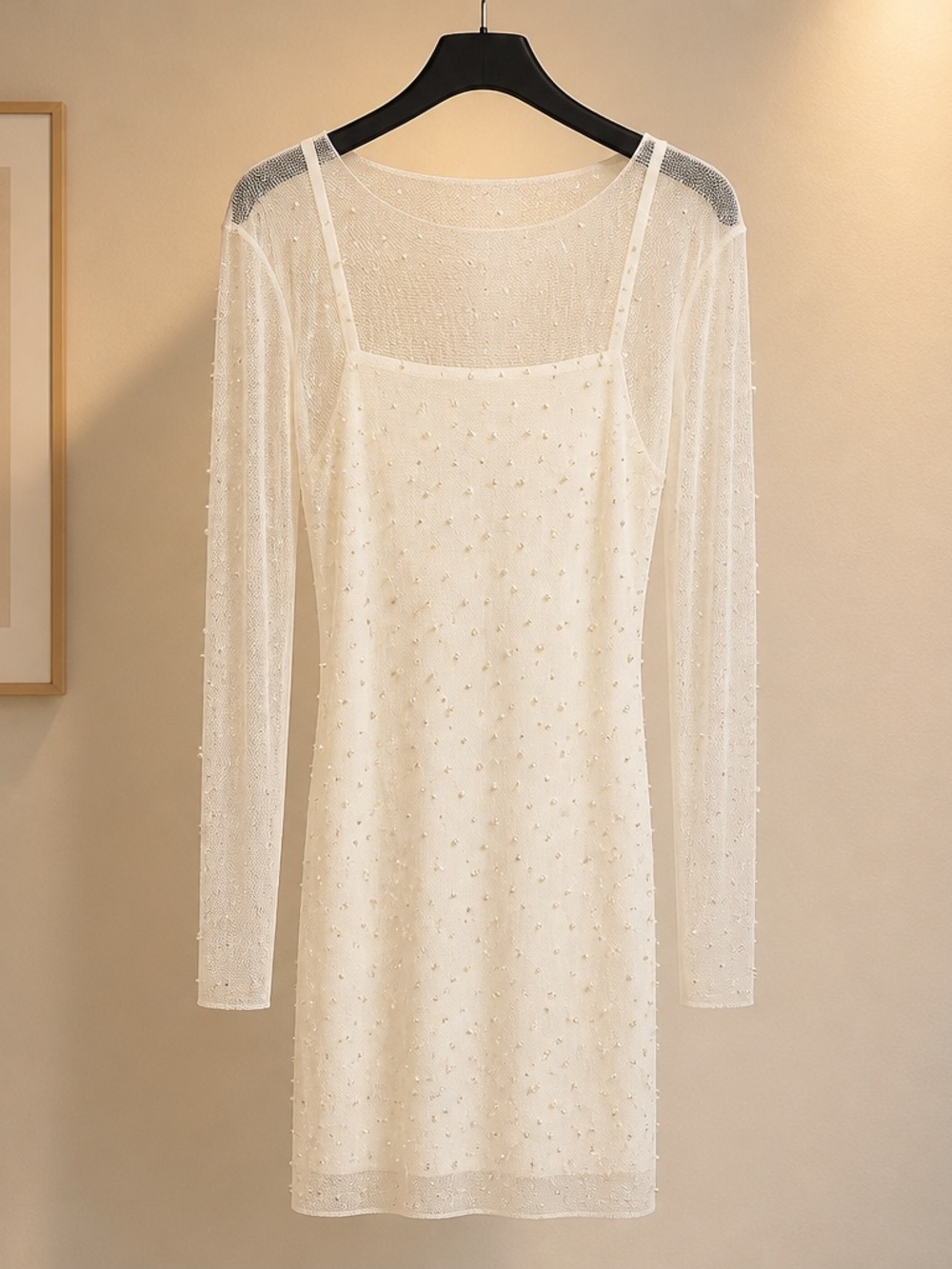 Sheer Ivory Long-Sleeve Beaded Mesh Slip Dress